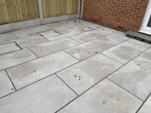 20m² porcelain patio with granite border, deck lights and new turf, Stone, Staffordshire