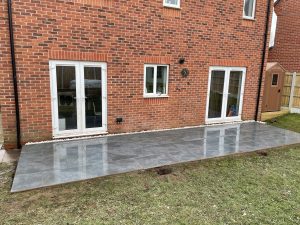 Porcelain paving, hot-tub canopy and composite cladding garden project, Staffordshire