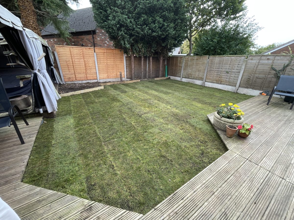 New 60m² lawn of premium stadium turf laid on levelled topsoil, Stone, Staffordshire