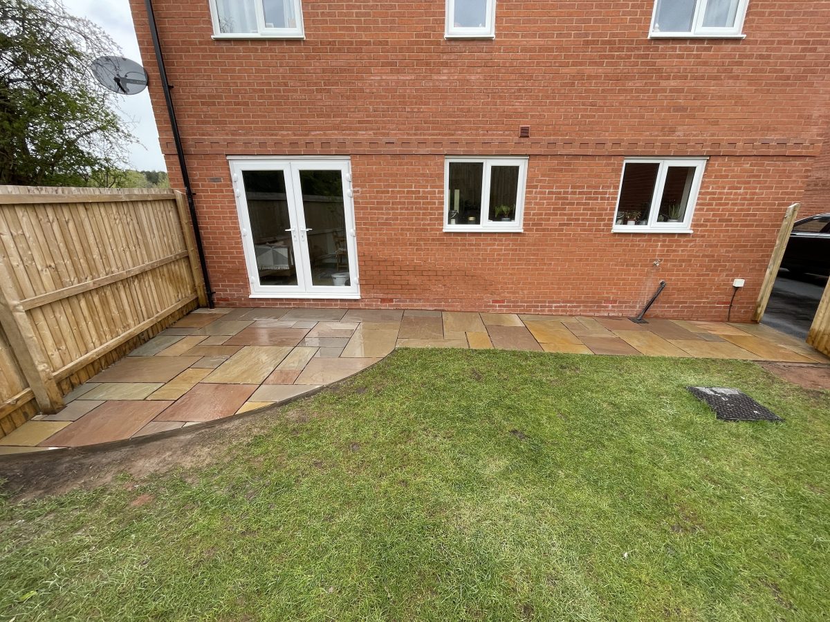 Quarter-circle Autumn Blend natural stone patio extension, Stone, Staffordshire