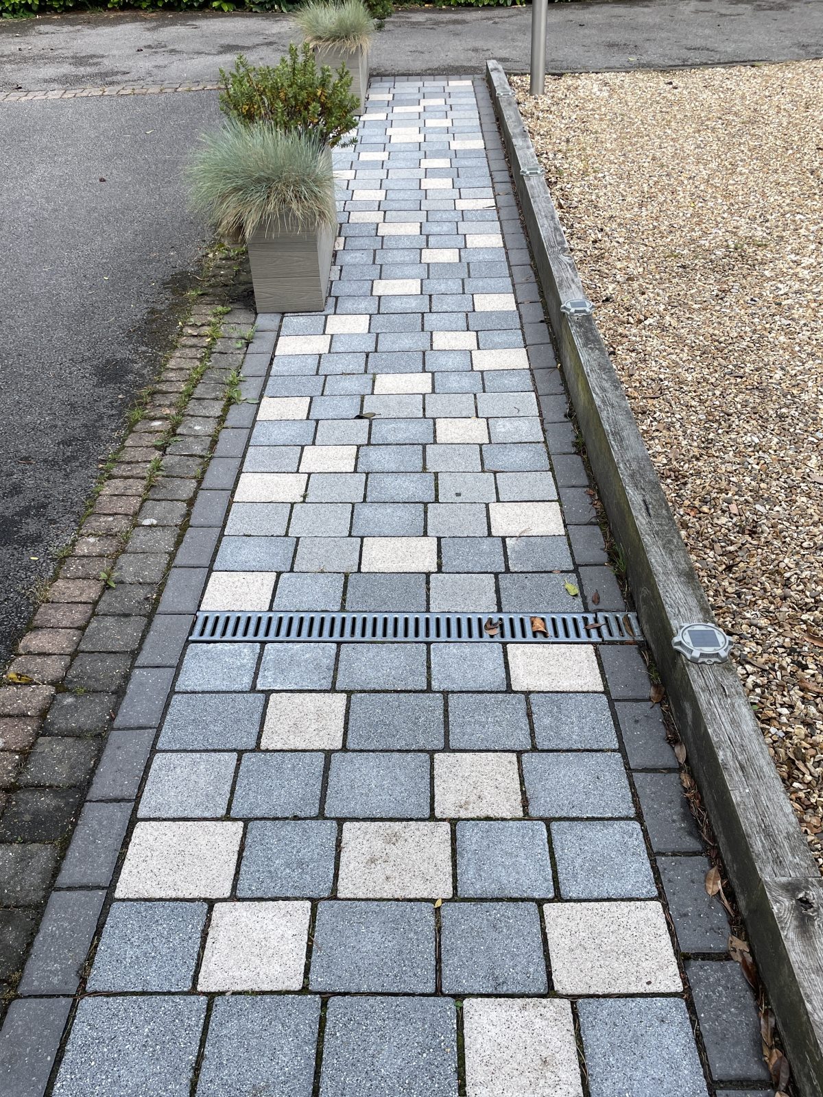 15m front garden path to the door in white, grey and dark grey block paving with dark grey resin grout, Stone, Staffordshire