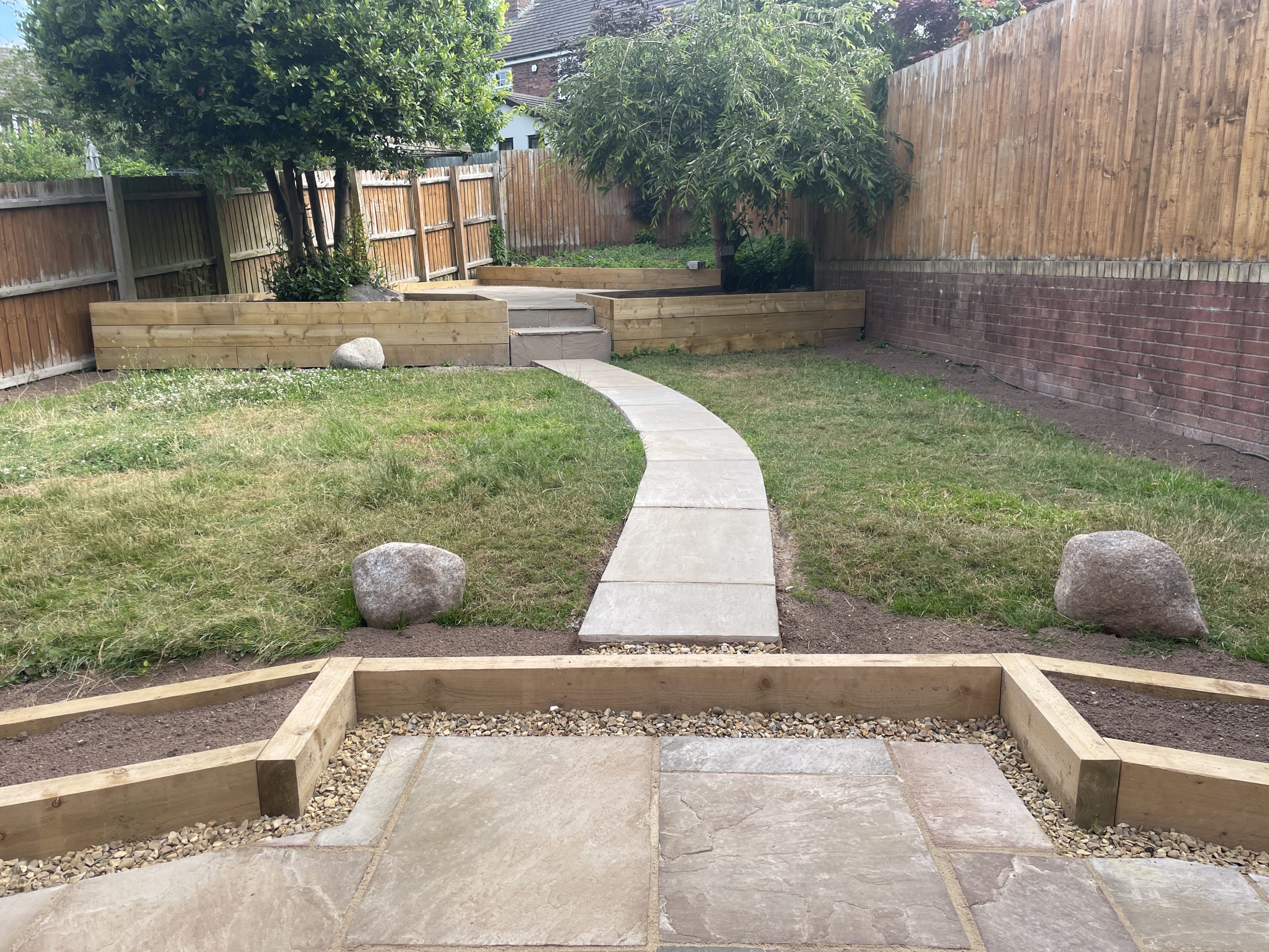 Two-level garden makeover with sleeper retaining wall, Stone