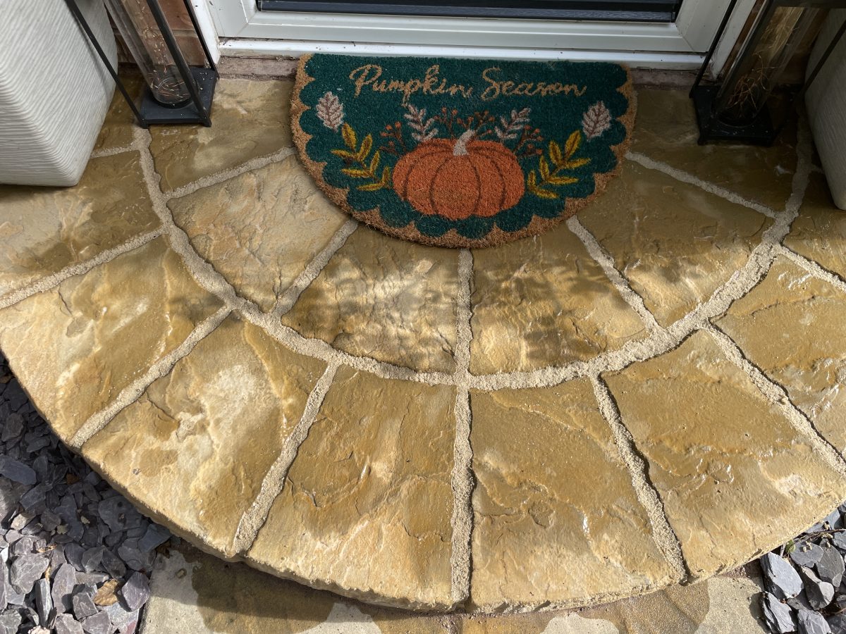 Half-circle front door step made from a Cathedral paving circle kit in Barley, Staffordshire