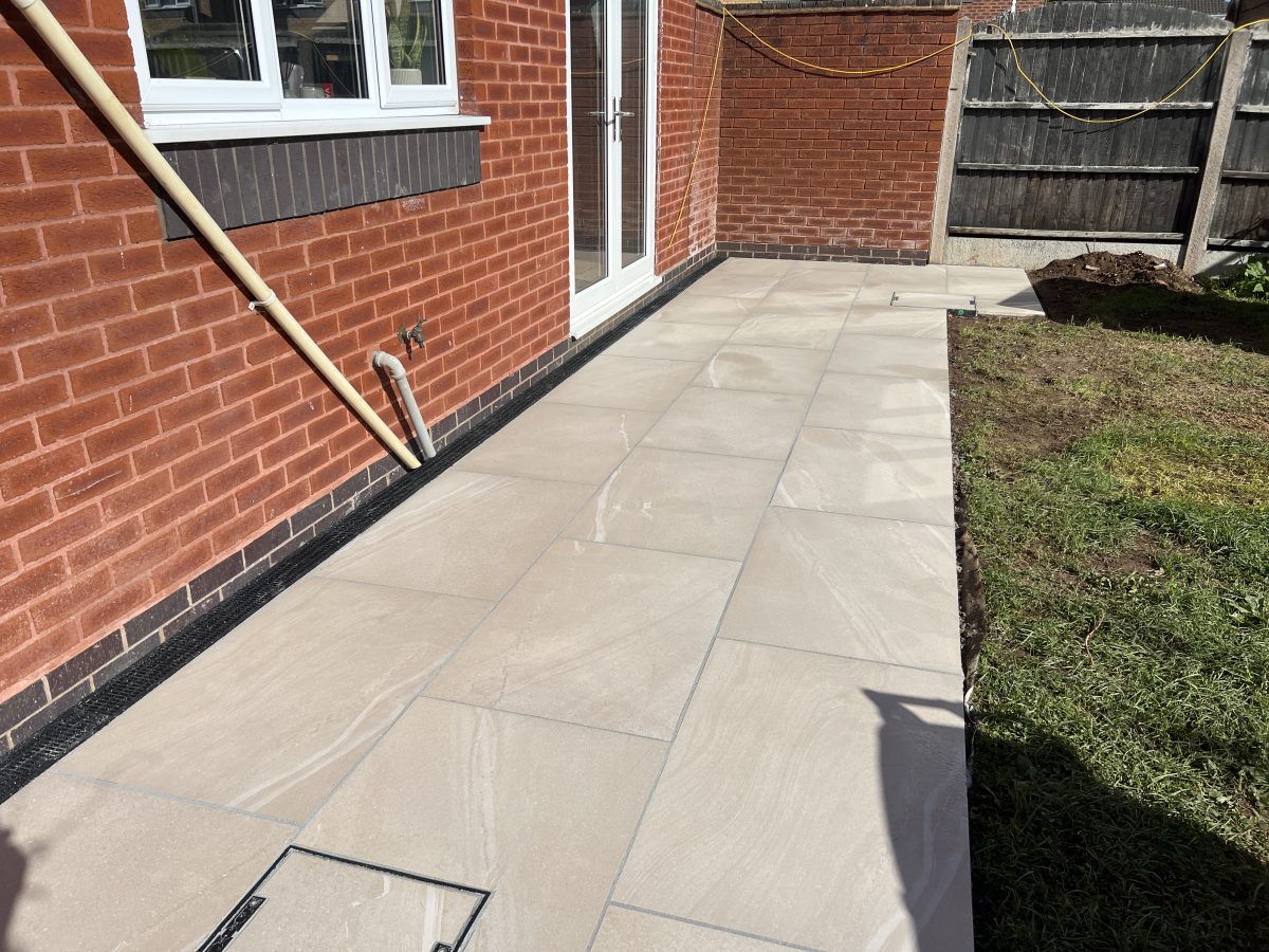 20m² Galaxy Sand porcelain patio with ACO drain and Titan resin grout, Stone, Staffordshire